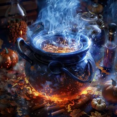 A cauldron bubbles and steams over a fire, surrounded by pumpkins and autumn leaves, creating a magical Halloween scene.