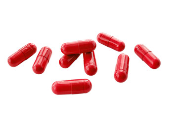 Red medicine capsules and remedy pills, pharmaceutical cure, antibiotics or painkillers isolated on...
