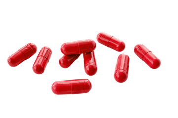 Red medicine capsules and remedy pills, pharmaceutical cure, antibiotics or painkillers isolated on transparent background