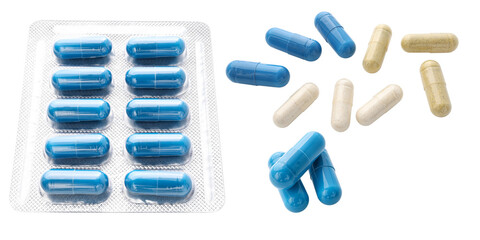 Blue medicine capsules in blister pack and remedy pills, pharmaceutical cure, antibiotics or painkillers isolated on transparent background