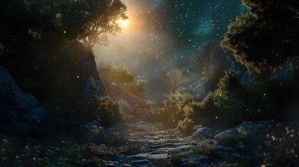 Fototapeta premium Mystical Forest Path with a Glowing Sky