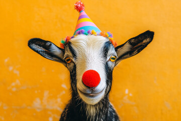 a goat wearing a bright red clown nose and a multicolored party hat, standing against a sunny orange background, appearing ready for a celebration