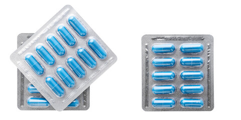 Blue medicine capsules and remedy pills in blister pack, pharmaceutical cure, antibiotics or...