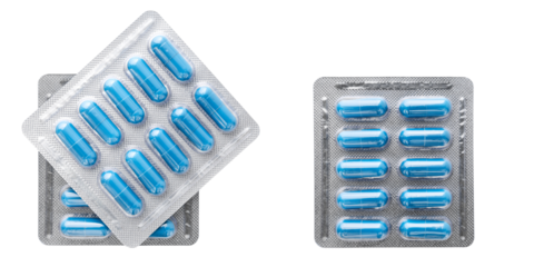 Blue medicine capsules and remedy pills in blister pack, pharmaceutical cure, antibiotics or painkillers isolated on transparent background