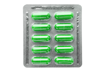 Green medicine capsules and remedy pills in blister pack, pharmaceutical cure, antibiotics or painkillers isolated on transparent background