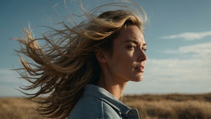 A carefree woman standing on a windy day, her face partially hidden by hair.
