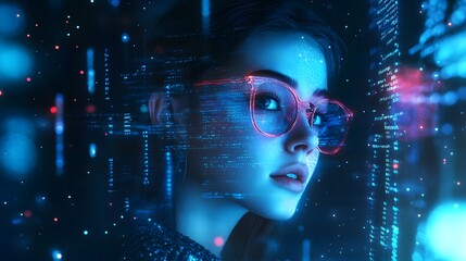 A young woman wearing glasses is surrounded by glowing data and code, creating an immersive visual experience that symbolizes the futuristic world of technology