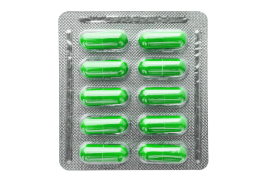 Green medicine capsules and remedy pills in blister pack, pharmaceutical cure, antibiotics or painkillers isolated on transparent background - Powered by Adobe