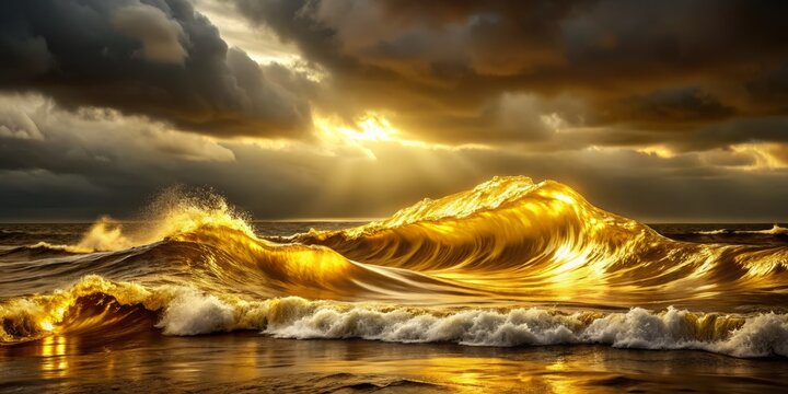 A aurous tide surging across a somber, dark terrain, imbuing the scene with regality