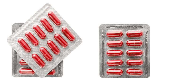 Red medicine capsules and remedy pills in blister pack, pharmaceutical cure, antibiotics or painkillers isolated on transparent background