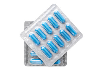 Blue medicine capsules and remedy pills in blister pack, pharmaceutical cure, antibiotics or painkillers isolated on transparent background