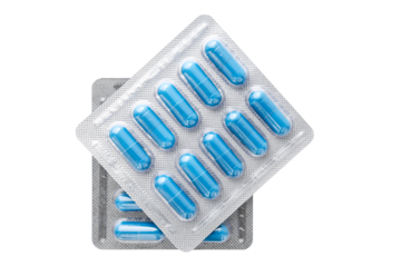 Blue medicine capsules and remedy pills in blister pack, pharmaceutical cure, antibiotics or painkillers isolated on transparent background