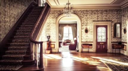 Obraz premium A grand, sun-drenched foyer with a sweeping staircase and intricate details.