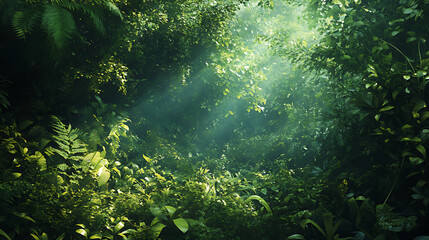 An undergrowth scene in the Amazon rainforest, with dense layers of plants, including shrubs, ferns, and small trees 