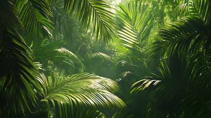 Obraz premium A wide shot of tropical vines and large palm leaves intertwining in the Amazon rainforest, creating a dense and vibrant ecosystem 