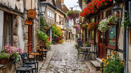 Fototapeta premium A charming cobblestone street lined with quaint shops and cafes, adorned with vibrant flowers.