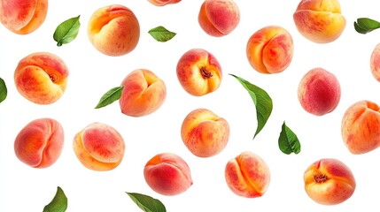 Naklejka premium Peaches falling from above, juicy and ripe, isolated on a white background, summer fruit