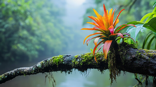 A vibrant bromeliad plant growing on the branch of a tree, showcasing the diversity of plant life in the Amazon 