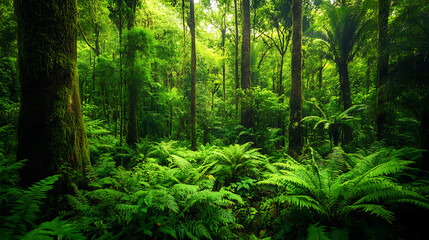 Fototapeta premium A dense section of the Amazon rainforest with towering trees and a variety of ferns and mosses covering the forest floor 