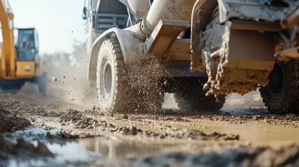 Detailed close-up of a concrete mixer truck, with concrete being poured into a foundation, highlighting the construction process.