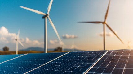 A vibrant image showcasing solar panels with wind turbines in the background, highlighting renewable energy solutions and sustainable technology.