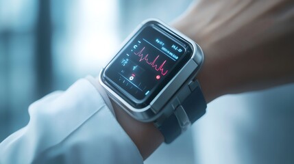 Close up of a smart watch displaying a heart rate monitor.