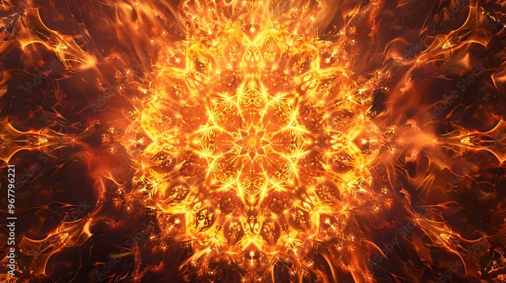 Poster intricate fiery mandala patterns with intense geometric design abstract art
