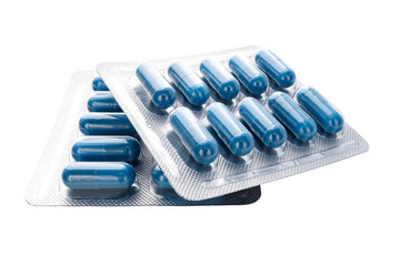 Blue medicine capsules and remedy pills in blister pack, pharmaceutical cure, antibiotics or painkillers isolated on transparent background