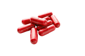 Red medicine capsules and remedy pills, pharmaceutical cure, antibiotics or painkillers isolated on transparent background