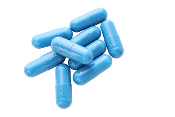 Blue medicine capsules and remedy pills, pharmaceutical cure, antibiotics or painkillers isolated on transparent background