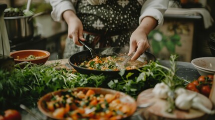 A chef stirs a pan of food, surrounded by fresh herbs and vegetables.  The rustic setting evokes a sense of home cooking and wholesome ingredients.