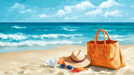The beach bag with accessories is on the shore of the sea - summer and seaside. Summer Beach. Illustration