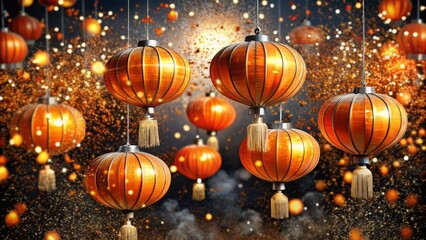Dazzling tangerine lanterns suspended amidst a whirlwind of silver confetti, their bright, glowing hues illuminating a dark, velvety background.