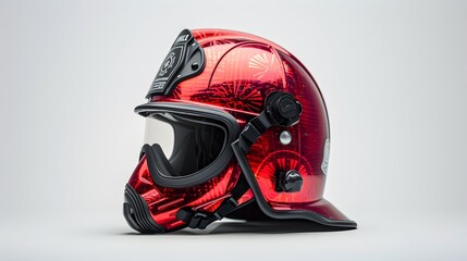 Red Firefighter Helmet with Visor and Black Straps Isolated on White Background - Safety Equipment for Firefighters - Fireman's Helmet - Emergency Response.