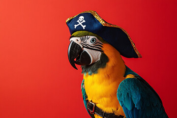 a parrot wearing a miniature pirate hat and a fake eyepatch, perched against a bright red background, looking like a swashbuckling character