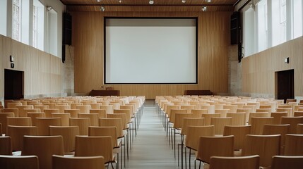 Rows of empty chairs facing a large screen in a seminar hall, natural lighting and minimalist design