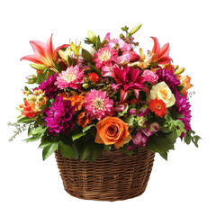 Obraz premium A vibrant floral arrangement in a woven basket, perfect for gifts or decorations.