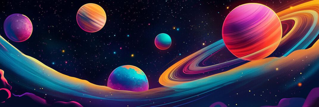 A vibrant, abstract solar system with colorful planets, Saturn's rings, and a starry backdrop, evoking wonder and exploration—a perfect homage to the universe for World Space Day.