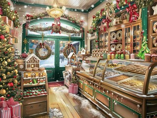 A cozy Christmas bakery with festive decorations, a Christmas tree, and shelves filled with treats.