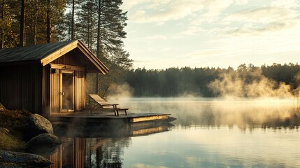 Fototapeta premium Sauna on the shore of a lake, with steam rising and a view of the forest