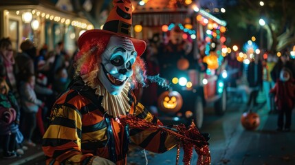 A creepy clown in a Halloween parade, surrounded by festive lights and pumpkins.
