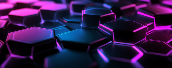 3D neon hexagons, each edge illuminated in cyan and magenta, floating over a dark matte black background. The texture is metallic, with soft reflections adding a high-tech feel.