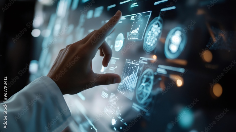 Poster a hand interacts with a futuristic digital interface, filled with graphs and data, highlighting the 