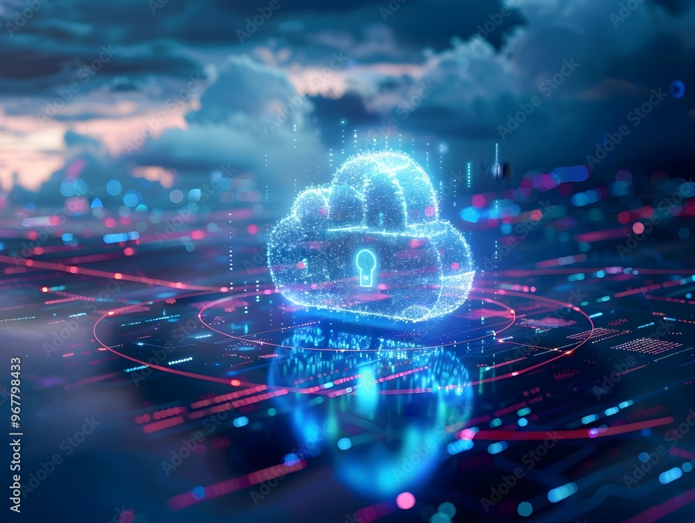 Poster glowing digital padlock icon surrounded by futuristic cloud network symbolizing cloud security and d