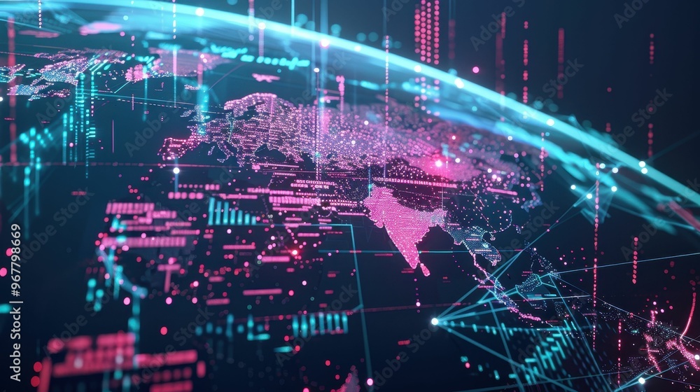 Poster A digital rendering of the Earth with glowing lines and data points, representing global connectivity and information flow.
