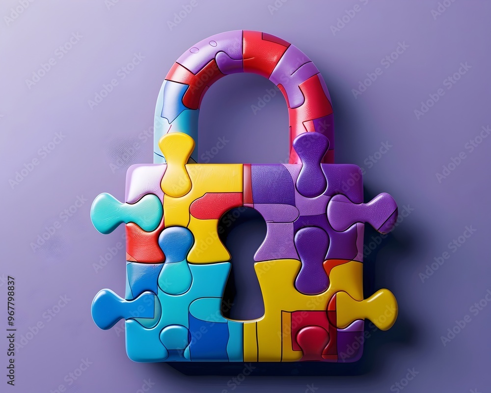 Poster colorful padlock icon with interlocking puzzle piece elements representing complex security solution