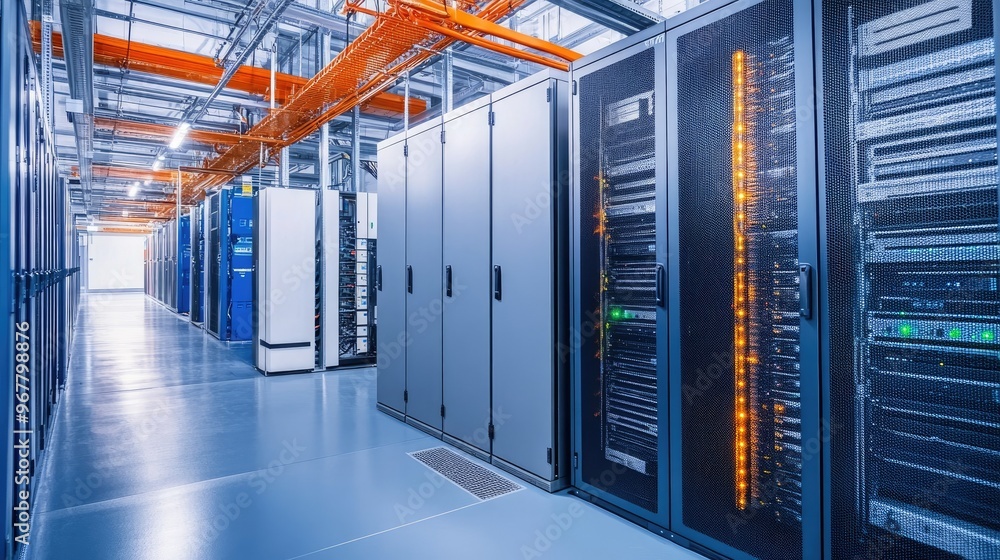 Poster interior of a modern data center with advanced cooling systems and neatly organized cable management