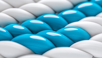 Obraz premium 3D render of white braided fabric with blue glass spheres on white background