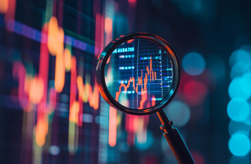 Close-up of a magnifying glass highlighting fluctuating stock market charts, representing financial analysis, investment trends, and data monitoring.

