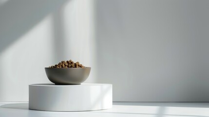 A contemporary bowl filled with dog food sits elegantly on a simple pedestal, illuminated by gentle natural light filtering through the space, creating a serene atmosphere